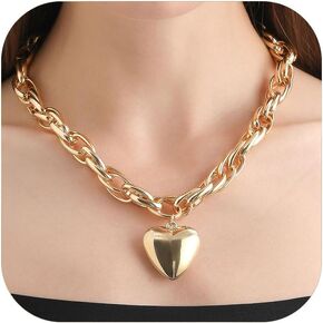 Gold Chunky Heart Necklace for Women Girls Large Heart Pendant Necklace Punk Thick Chain Choker Necklace Statement Jewelry Gifts