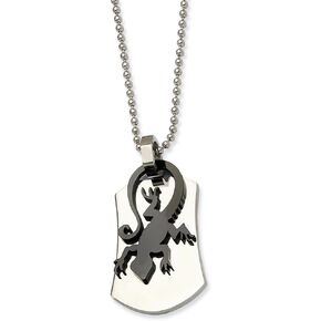 Solid Stainless Steel and Black Enamel Lizard Pendant Necklace Charm Chain - with Secure Lobster Lock Clasp 24"