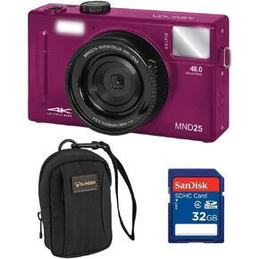 Minolta MND25 Digital Camera, 48 MP Autofocus, 4K Ultra HD Camera with Selfie Mirror & 32GB SD Card, Black, Bundle with Slinger Camera Bag (Black)
