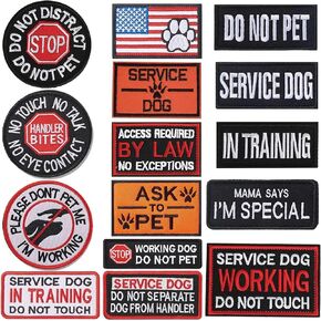 15 Pieces Service Dog Patches Dog Vest Patches for Harness Patches Embroidery Do Not Pet Patch with Hook and Loop for Dogs in Training American Flag Patch Removable Tactical Patches Collar Leash