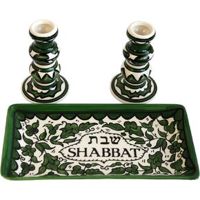 Holy Land Market Shabbat Candlestick Set - Colorful Ceramic Candlesticks with Matching Plate for Shabbat and Holidays (Blue)