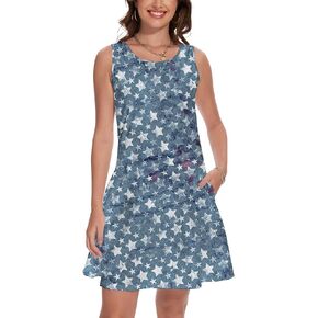 Women's July 4th Tank Dresse Independence Day Sleeveless Red White Blue Frock USA Flag Patriotic Dress with Pockets