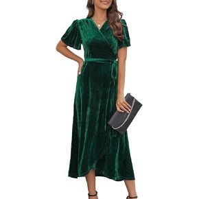 Woolicity Women's V Neck Formal Velvet Wrap Dress, Boho Maxi Dress Short Sleeve