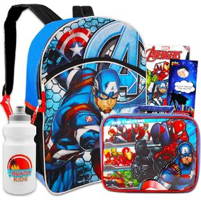 Marvel Captain America Backpack & Lunchbox For Boys - Bundle with 16" Captain America Backpack, Avengers Lunchbox, Tattoos, & More | Avenger School Bag
