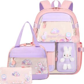 3pcs Girls Backpack With Lunch Box & Pencil Case,Cute Rabbit Kids School Backpack Set For Kindergarten & Elementary School (Style B Purple-16.5in)