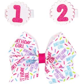PLH Small Birthday Girl Print Bow with 2 Glitter Number Stackers