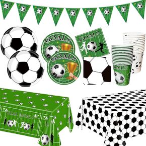 Soccer Birthday Party Decorations Soccer Party Supplies Tableware Set -24 guests Includes Banner, Plates, Cups, Napkins, Tablecloth for Boys Sports Theme Birthday Decorations