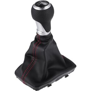 5 Speed Manual Gear Shift Knob with Boot Cover - Car Gearbox Stick Shifter Lever Knob - for Audi A4 S4 S-Line 2007-2015 Faux Leather Black Red - 1 Pc