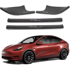 واقي عتبة الباب لطراز Tesla Y، واقيات دخول الباب بنمط ألياف الكربون اللامعة، ملحقات Tesla Model Y 2021 2022 2023 لـ 5 مقاعد فقط (ID021-C-I)