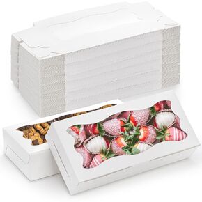 ZEAYEA 50 Pcs Chocolate Strawberry Boxes, 12.5" x 5.5" x 2.5" Cookie Boxes with Window, White Bakery Boxes, Treat Boxes for Muffins, Donuts, Biscuits, Cupcake, Pies, Easy to Assemble