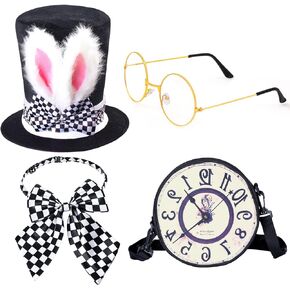 White Rabbit Costume Accessory Set 4 Pieces Bunny Ear Top Hat Bowtie Round Glasses Clock Props For Easter Halloween