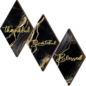 Qunclay 3 Pcs Marble Style Bathroom Wall Decor Thankful Grateful Blessed Wall Decor Black and Gold Farmhouse Rustic Art Wall Decor Wooden Bathroom Hanging Sign for Summer Home Spa Room 11.8 x 6.7 Inch