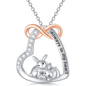 LONAGO Bunny Necklace Two Rabbits Heart Pendant, Mother and Child Rabbit Necklace 925 Sterling Silver Gift for Mom Daughter Women Girl