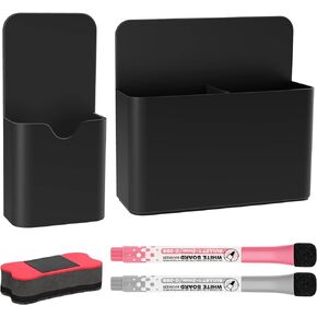 MoKo Magneitc Dry Erase Marker Holder, 2-Piece Magnetic Marker Pencil Pen Holder Cup Organizer for Metal & Magnetic surface, Includes 2 Marker and 1 Dry Erase, Black