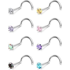 LOYALLOOK 8PCS Nose Rings Studs Titanium Nose Rings CZ Opal L Shaped Screw Studs Rings for Women Nose Screw Studs 18G/20G Samll Nose Stud Corkscrew Nose Rings Piercing Jewelry, 2mm