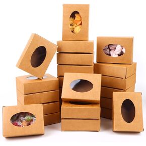 PINKXHY 100 PCS Mini Kraft Paper Box with Window Round Soap Packaging Boxes Craft Cardboard Present Box for Homemade Soap Favor Treat Bakery Candy, 3.8 x 2.8 x 1.2 Inch (White)