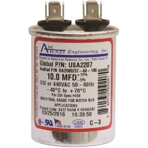 AMRAD ENGINEERING USA2207 Series Round USA-Made Motor Run Capacitor, 10 Mfd, 370/440 Vac-132323