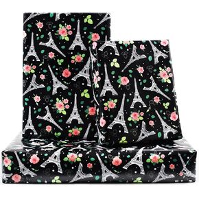 NEPOG Eiffel Tower Wrapping Paper, Black Paris Eiffel Tower Flower Gift Wrapping Paper for Women Men Boys, 6 Sheets Folded Flat 20x28 inches per Sheet for Wedding, Mother's Day, Birthday Party