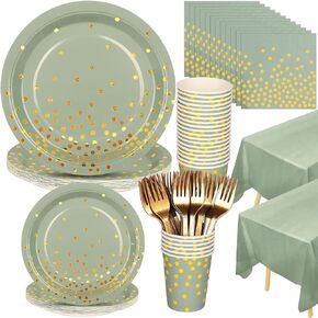 Sage Green Party Supplies, 127PCS Sage Green Paper Plates Napkins Cups Forks Disposable Dinnerware Set Serves 25 Guests, Sage Green Party Decorations for Wedding Baby Shower