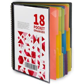 Binditek 1 Pack 18 Pocket Poly Project Organizer with 9 Dividers, Heavyduty Folder with Customizable Front Cover, Metal Wire Binding Spine, Extra Zipper Pouch, Letter Size, School Office Supplies