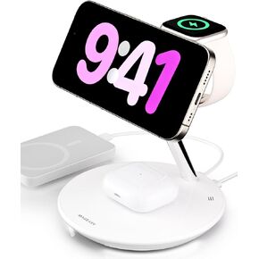 MAGEASY 4 in 1 Charging Station - Ultimate 55W Max Output, Up to 15W Fast Charging Stand for iPhone, Apple Watch, AirPods, with Ambient Light | Power Station (White)