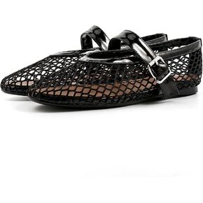 Mesh Ballet Falt for Women Fishnet Comfy Buckle Strap Ballerina Dressy Daily Flat Shoes
