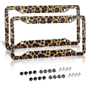 Leopard License Plate Frame，Cheetah License Plate Frame，Leopard Print License Plate Frames Covers Holder Aluminum Car Accessories with Screws Car Tags Frames Decorative for Women Vehicles