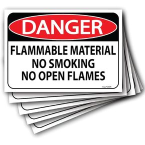 (5 pack) Danger Flammable Material No Smoking or Open Flames Sign 7"x10" Self Adhesive Vinyl Sticker Decal Indoor/Outdoor For Storage, Gasoline, Diesel Fuel, Propane Gas, Flammable Liquid or