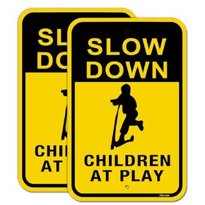 Slow Children at Play Signs Kids Playing Sign Reflective Metal Children Playing Safety Sign 12" x 18" Slow Down Neighborhood Street Yard Sign Rust Free Aluminum Outdoor Use 2 Pack