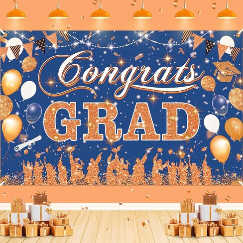 Blue Orange Graduation Decoration Banner, Blue Orange Congrats Grad Banner 2024 Blue Orange Graduation Party Banner for Class of 2024 High School College Graduation Party 70.8x43.3 inch in Kuwait