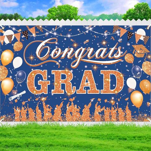 Blue Orange Graduation Decoration Banner, Blue Orange Congrats Grad Banner 2024 Blue Orange Graduation Party Banner for Class of 2024 High School College Graduation Party 70.8x43.3 inch in Kuwait