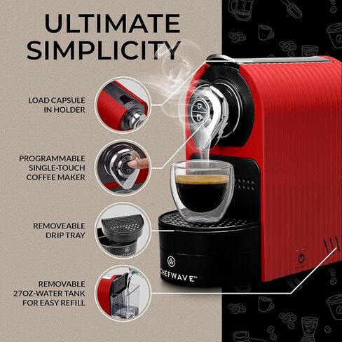 ماكينة إسبرسو صغيرة من شيف ويف متوافقة مع كبسولات نسبريسو (حمراء) مع خزان مياه قابل للبرمجة بلمسة واحدة مع حامل للكبسولات، 2 كوب زجاجي مزدوج الجدار و20 كبسولة قهوة بيستبريسو إنتينسو in Kuwait