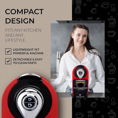 ماكينة إسبرسو صغيرة من شيف ويف متوافقة مع كبسولات نسبريسو (حمراء) مع خزان مياه قابل للبرمجة بلمسة واحدة مع حامل للكبسولات، 2 كوب زجاجي مزدوج الجدار و20 كبسولة قهوة بيستبريسو إنتينسو in Kuwait