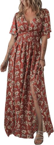 Acelitt Womens Casual Short Sleeve V Neck Smocked Waist Boho Floral Ruffle Split Maxi Dress, S-XXL in Saudi Arabia