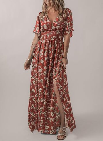 Acelitt Womens Casual Short Sleeve V Neck Smocked Waist Boho Floral Ruffle Split Maxi Dress, S-XXL in Saudi Arabia