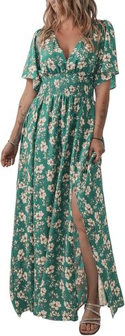 Acelitt Womens Casual Short Sleeve V Neck Smocked Waist Boho Floral Ruffle Split Maxi Dress, S-XXL in Saudi Arabia