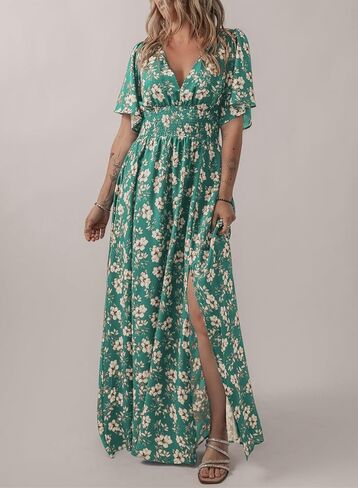 Acelitt Womens Casual Short Sleeve V Neck Smocked Waist Boho Floral Ruffle Split Maxi Dress, S-XXL in Saudi Arabia