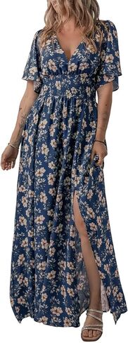 Acelitt Womens Casual Short Sleeve V Neck Smocked Waist Boho Floral Ruffle Split Maxi Dress, S-XXL in Saudi Arabia