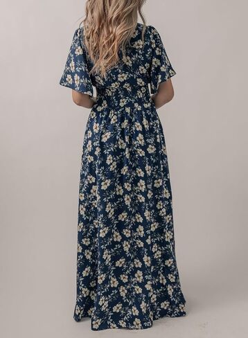 Acelitt Womens Casual Short Sleeve V Neck Smocked Waist Boho Floral Ruffle Split Maxi Dress, S-XXL in Saudi Arabia
