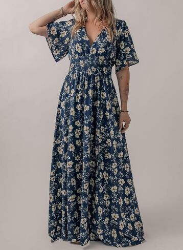 Acelitt Womens Casual Short Sleeve V Neck Smocked Waist Boho Floral Ruffle Split Maxi Dress, S-XXL in Saudi Arabia