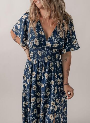 Acelitt Womens Casual Short Sleeve V Neck Smocked Waist Boho Floral Ruffle Split Maxi Dress, S-XXL in Saudi Arabia