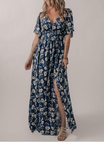 Acelitt Womens Casual Short Sleeve V Neck Smocked Waist Boho Floral Ruffle Split Maxi Dress, S-XXL in Saudi Arabia