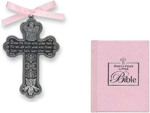 مجموعة هدايا للفتيات الصغيرات - الكتاب المقدس الأول الصغير وصليب سرير الأطفال - بارك هذا الطفل - شريط وردي معمّد للتعميد in Kuwait