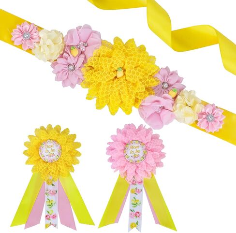 JOYMEMO Yellow Lemon Baby Shower Maternity Sash Kit, Lemonade Baby Shower Belly Belt and Mom to Be & Dad to Be Corsage Pins, Pregnancy Sash New Parents Photo Props Party Supplies in Saudi Arabia