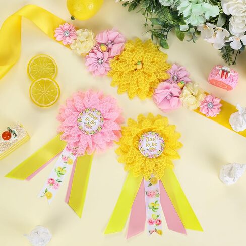 JOYMEMO Yellow Lemon Baby Shower Maternity Sash Kit, Lemonade Baby Shower Belly Belt and Mom to Be & Dad to Be Corsage Pins, Pregnancy Sash New Parents Photo Props Party Supplies in Saudi Arabia