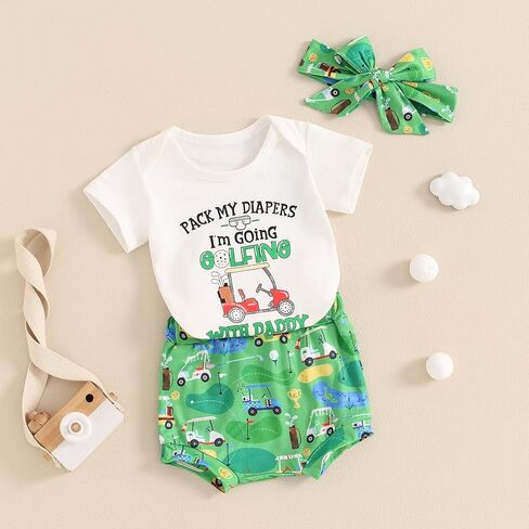 Infant Baby Girl Golf Outfit Short Sleeve Daddy's Future Golfing Buddy Romper and Shorts 3Pcs Summer Golf Clothes in Saudi Arabia