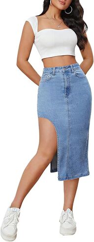 Verdusa Women's Denim Split Thigh High Waist Midi Skirt with Pockets in Saudi Arabia