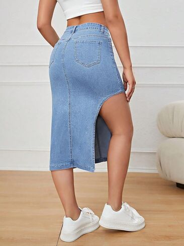 Verdusa Women's Denim Split Thigh High Waist Midi Skirt with Pockets in Saudi Arabia