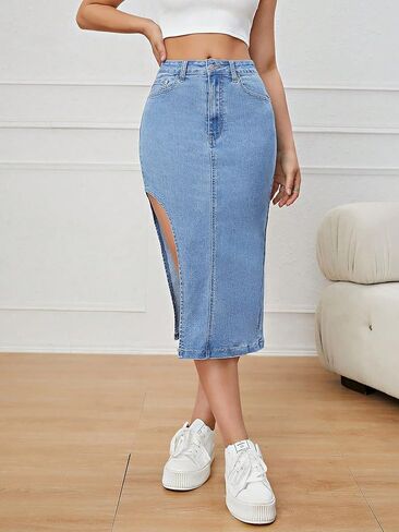 Verdusa Women's Denim Split Thigh High Waist Midi Skirt with Pockets in Saudi Arabia