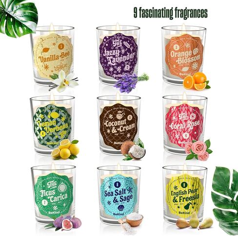 BeKind Sunshine Scented Candles Set for Home – Perfect Home Décor, Birthday Gifts for Women, Stress Relief, Natural Soy Candle Wax and Air freshener Fragrance, Aromatherapy Candle - 9 Pack in Saudi Arabia